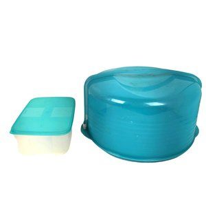 Vintage Tupperware Caribbean Blue Large Cake Taker Cake Box Pie Keeper & Dish LG